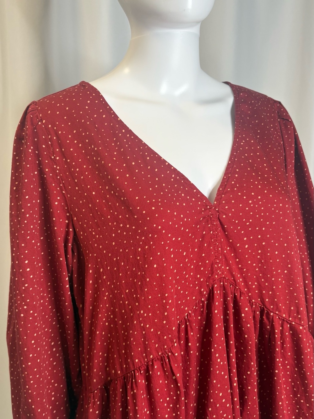 GAP Polka Dot Puff Sleeve Babydoll Midi Dress Size Large Red Tiered Ruffle Hem - Picture 3 of 12